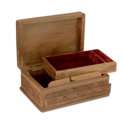 Walnut wood Jewellery box, 'Kashmir Grandeur' - Hand-carved Flowers on Walnut Wood Jewellery Box