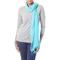 Wool scarf, 'Kashmiri Diamonds in Turquoise' - Diamond Pattern Turquoise Blue Woven All Wool Scarf
