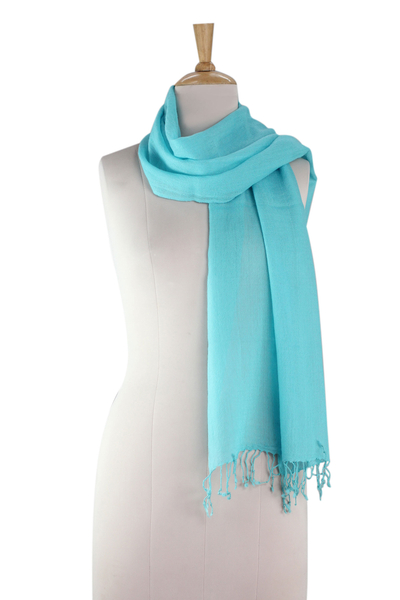 Wool scarf, 'Kashmiri Diamonds in Turquoise' - Diamond Pattern Turquoise Blue Woven All Wool Scarf