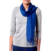 Wool scarf, 'Kashmiri Diamonds in Lapis' - Lapis Blue Diamond Patterned Woven Wool Scarf