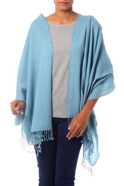 Wool shawl, 'Beguiling Sky' - Artisan Woven Light Sky Blue 100% Wool Shawl
