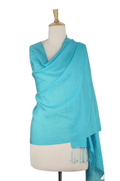 Silk and wool blend shawl, 'Turquoise Impression' - Woven Silk and Wool Blend Shawl in Solid Turquoise Blue