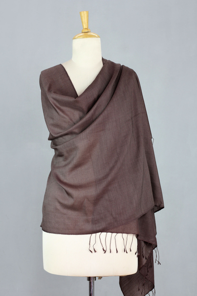 Mantón mezcla de seda y lana - Chal de mezcla de seda y lana marrón intenso hecho a mano en la India