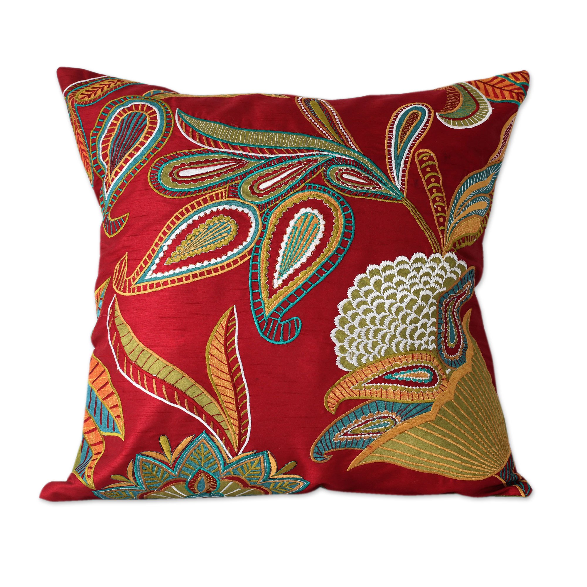 2 Red Handmade Embroidered Applique Cushion Covers Paisley Wine NOVICA