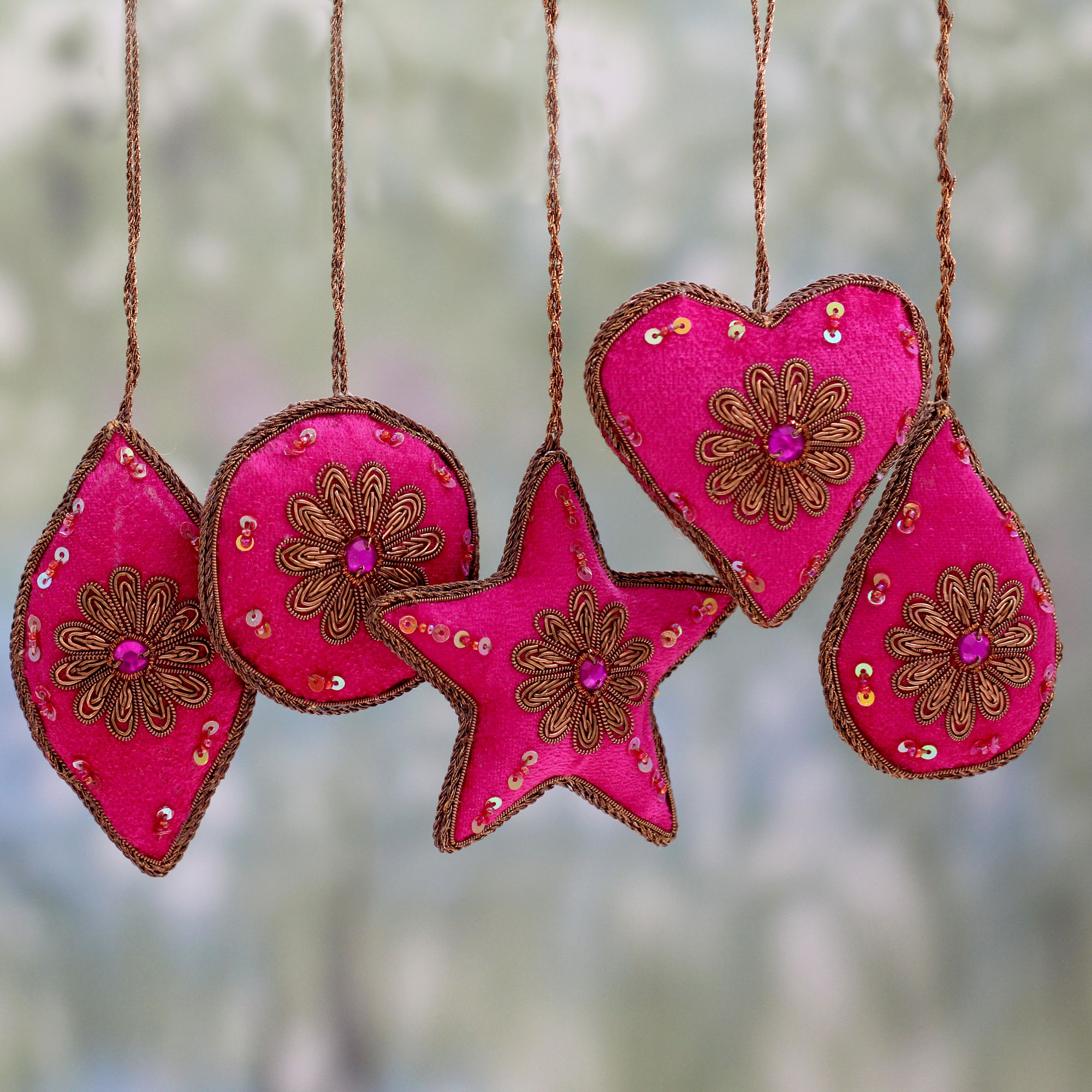 UNICEF Market | 5 Embroidered Velvet Christmas Ornaments Beads and ...