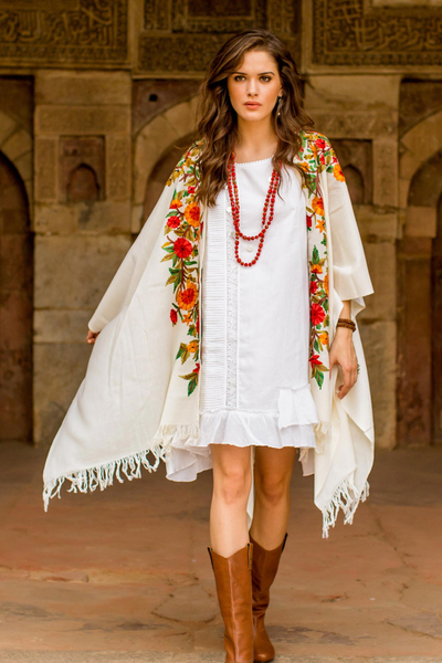 Embroidered wool kimono cape, 'Valley of the Flowers' - Ample White Wool Cape with Chain Stitch Floral Embroidery