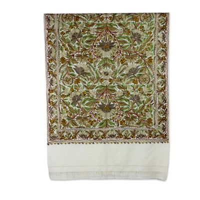 Wool shawl, 'Olive Grove' - White Wool Shawl with Green Chain Stitch Floral Embroidery