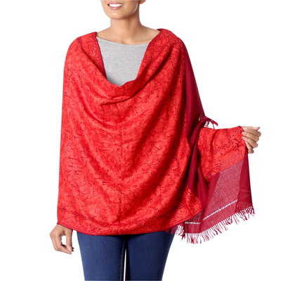 Chal de lana - Mantón 100% Lana Bordado Rojo de India