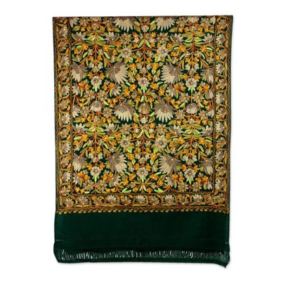 Wool shawl, 'Floral Forest' - Green Wool Shawl with Floral Chain Stitch Embroidery