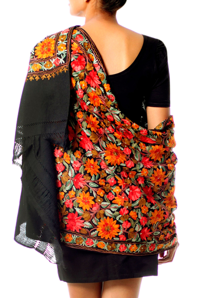 Wool shawl, 'Midnight Marigold' - Free Trade Floral Chain Stitch Embroidery Black Wool Shawl