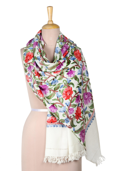 Wool shawl, 'Early Crocus' - Artisan Made White Shawl with Flowers from India