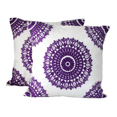 Cotton cushion covers, 'Amethyst Mandalas' (pair) - Embroidered Purple on White Cushion Covers from India (Pair)