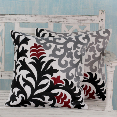 Cotton cushion covers, 'Heliconia Shadow' (pair) - Floral Embroidered Black & White Cotton Cushion Cover Pair