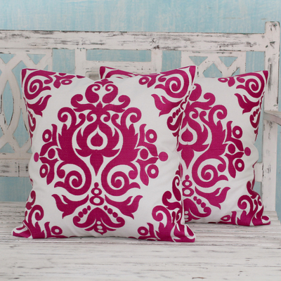 Cotton cushion covers, 'Fuchsia Beauty' (pair) - White and Fuchsia Embroidered Cotton Cushion Covers (Pair)
