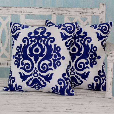 Cotton cushion covers, 'Sapphire Beauty' (pair) - White and Blue Embroidered Cotton Cushion Covers (Pair)
