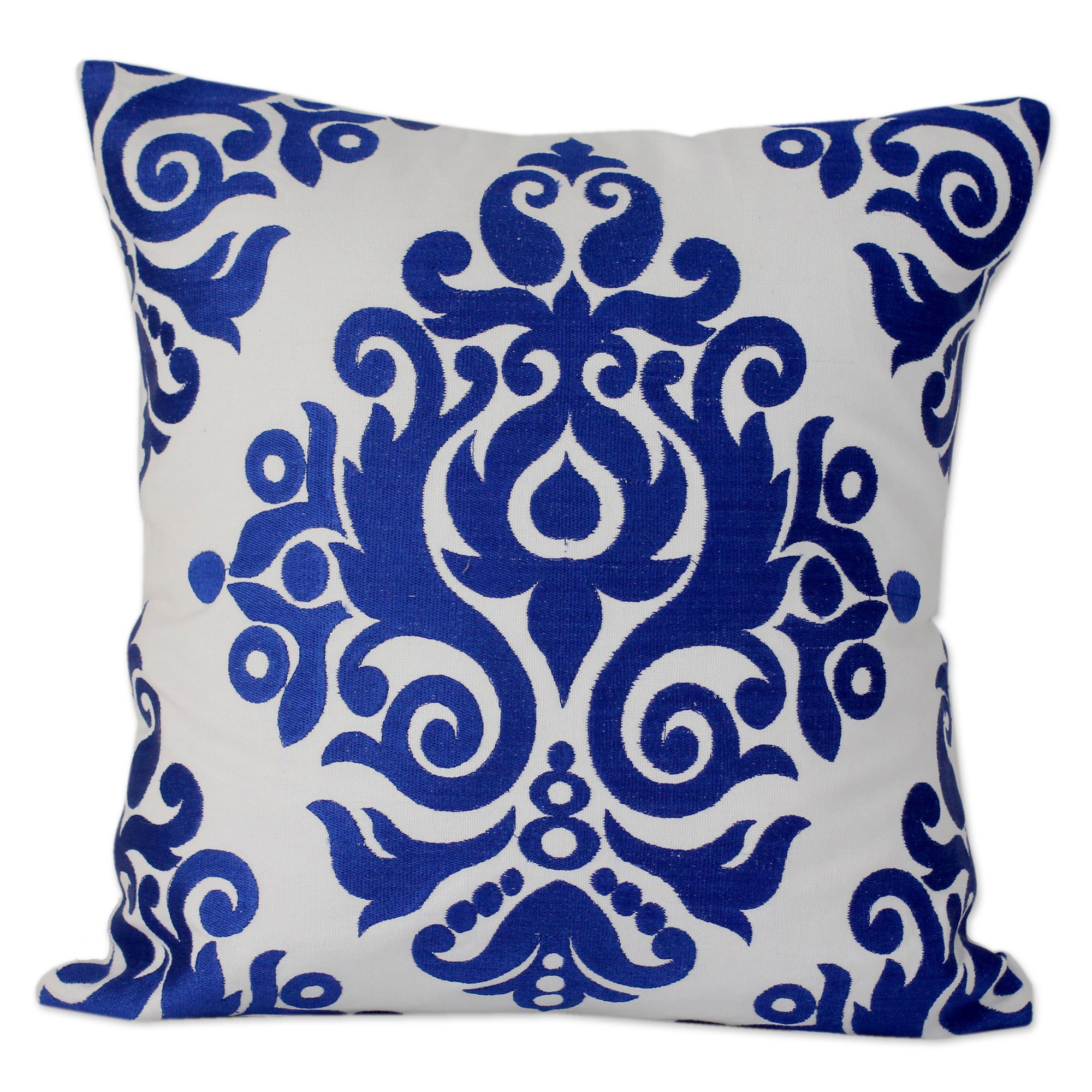 White and Blue Embroidered Cotton Cushion Covers (Pair) Sapphire