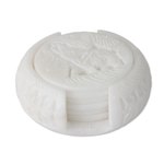 Marble coasters, 'Indian Elephant' (set of 6) - Artisan Crafted White Marble Coasters and Holder (Set of 6)
