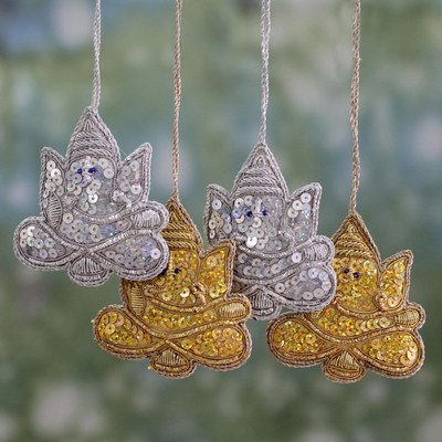 Beaded ornaments, 'Happy Ganesha' (set of 4) - 4 Glittery Handmade Ornaments Depicting Lord Ganesha