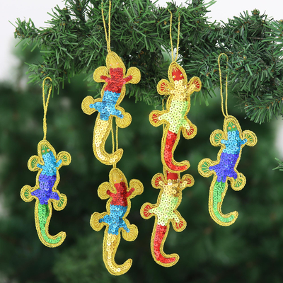 Verzierte Ornamente, (6er-Set) - Weihnachtsschmuck aus bunten Pailletten-Eidechsen (6er-Set)