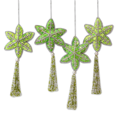 Beaded ornaments, 'Holiday Message' (set of 4) - Set of 4 Handmade Beaded Sequin Christmas Ornaments