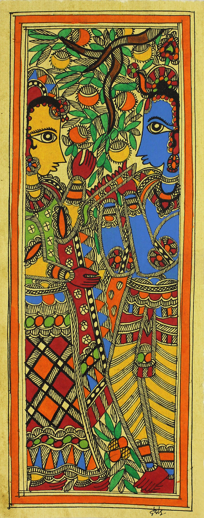 Madhubani painting, 'Celestial Couple II' - Signed Madhubani Krishna and Radha Painting