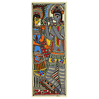 Madhubani painting, 'Celestial Couple III' - Indian Krishna and Radha Madhubani Folk Art Painting
