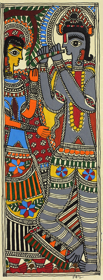 Indian Krishna and Radha Madhubani Folk Art Painting