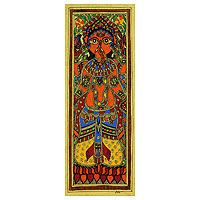 Madhubani painting, 'Happy Ganesha' - Auspicious Ganesha Indian Madhubani Painting