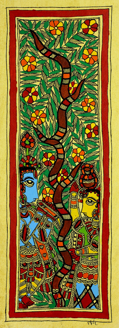 Madhubani painting, 'The Benevolent Couple' - Radha and Krishna Authentic India Madhubani Painting
