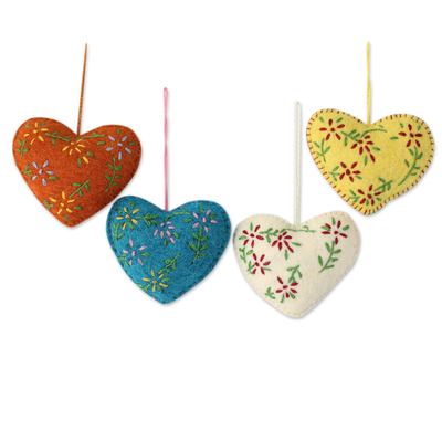 Wool ornaments, 'Holiday Hearts' (set of 4) - Hand Made Holiday Ornaments in Different Colors (Set of 4)