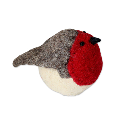 Wool tree top ornament, 'Robin's Delight' - Hand Crafted Wool Holiday Tree Top Bird from India