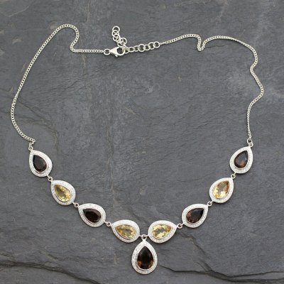 Smoky quartz and citrine Y necklace, 'Goddess' - Smoky Quartz and Citrine Sterling Silver Y Necklace