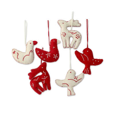 Wool ornaments, 'Christmas Wishes' (set of 6) - White and Red Animal Themed Felt Ornaments (Set of 6)