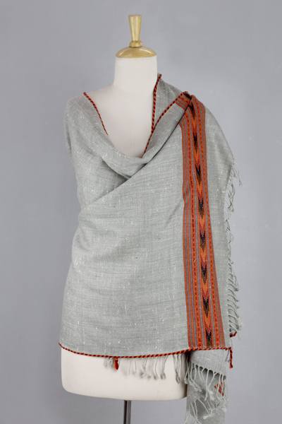 Wool blend shawl, 'Himalaya Mist' - India Handwoven Wool Blend Grey Shawl with Bright Trim