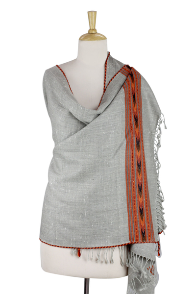 Chal de mezcla de lana - Mantón gris de mezcla de lana tejido a mano de la India con ribete brillante