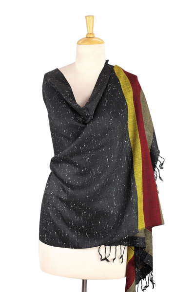 Wool blend shawl, 'Himalaya Night' - Indian Hand Woven Black Speckled Wool Blend Shawl