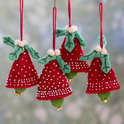 Wool ornaments, 'Red Jingle Bells' (set of 4) - Handmade Red and Green Wool Christmas Ornaments (Set of 4)