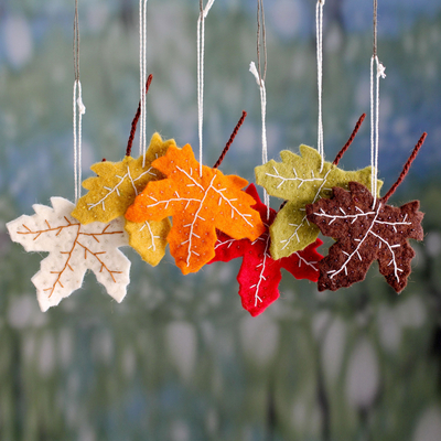 Wool ornaments, 'Maple Glory' (set of 6) - Handcrafted Holiday Leaf Ornaments from India Set of 6