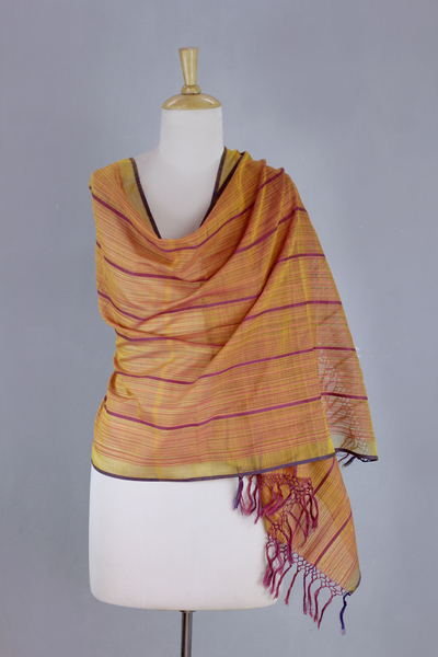 Chal de algodón y seda - Mantón de algodón y seda tejido a mano en amarillo y fucsia de la India
