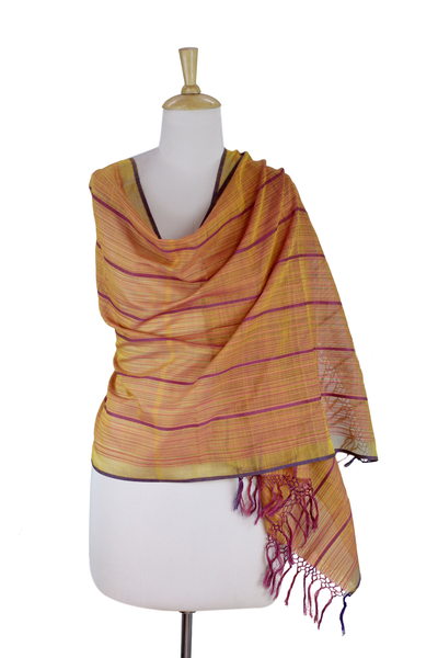 Chal de algodón y seda - Mantón de algodón y seda tejido a mano en amarillo y fucsia de la India