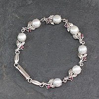 Cultured pearl and ruby link bracelet, 'Nature's Bounty' - Pearl and Ruby Floral Silver Link Bracelet from India