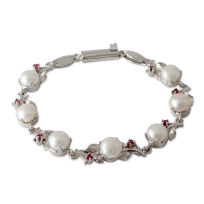 Cultured pearl and ruby link bracelet, 'Nature's Bounty' - Pearl and Ruby Floral Silver Link Bracelet from India