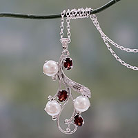 Cultured pearl and garnet pendant necklace 'Dreamy Blossom' - Fair Trade Floral Pearl and Ruby Pendant Necklace