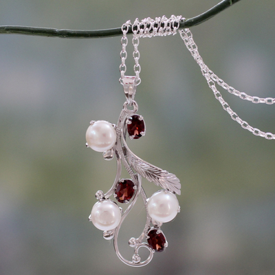 Cultured pearl and garnet pendant necklace, 'Dreamy Blossom' - Fair Trade Floral Pearl and Ruby Pendant Necklace