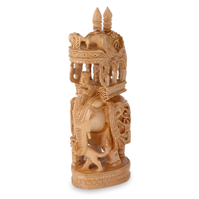 Wood sculpture, 'Mughal Hunting Expedition' - Elephant with Indian Royal and Lion Wood Statuette