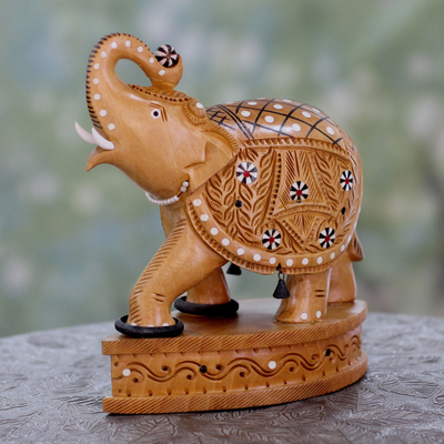 Wood statuette, 'Playful Elephant' - Hand Carved Wood Figurine Sculpture with Colorful Insets