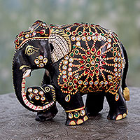 Wood statuette, 'Majestic Mama Elephant' - Bejeweled Mama Elephant Hand Crafted Statuette