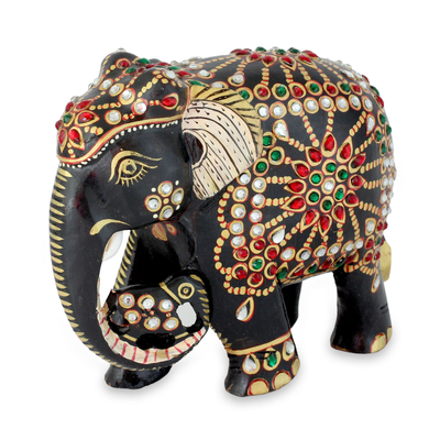 Wood statuette, 'Majestic Mama Elephant' - Bejeweled Mama Elephant Hand Crafted Statuette