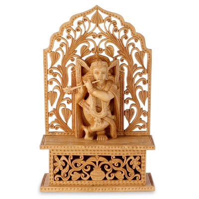Wood sculpture, 'Krishna's Song of Love' - Hinduism Lord Sculpture Hand Carved of Wood