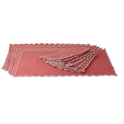 Cotton placemats and napkins, 'Rose Holiday' (set for 6) - Rose colour Scallop Edge Cotton Placemat and Napkin Set for